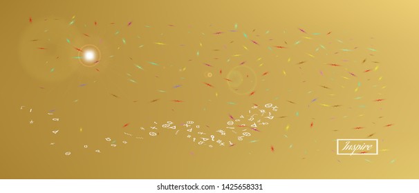 Clear space and signs confetti. Background light. Creative colorific illustration. A Ultra Wide themed background illustration. Colorful breezy abstraction. Gold colored.