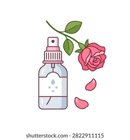 A clear spray bottle with pink accents contains rose water next to a pink rose and falling petals