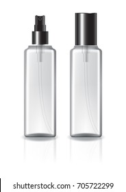 Clear square cosmetic bottle with black lid and spray head for beauty or healthy product. Isolated on white background with reflection shadow. Ready to use for package design. Vector illustration.