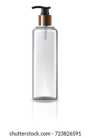Clear square cosmetic bottle with pump head and copper ring for beauty or healthy product. Isolated on white background with reflection shadow. Ready to use for package design. Vector illustration.