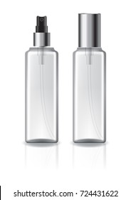 Clear square cosmetic bottle with silver lid and spray head for beauty or healthy product. Isolated on white background with reflection shadow. Ready to use for package design. Vector illustration.