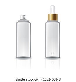 Clear square cosmetic bottle with white dropper gold lid for beauty or healthy product. Isolated on white background with reflection shadow. Ready to use for package design. Vector illustration.