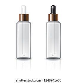 Clear square cosmetic bottle, white-black dropper, copper ring for beauty or healthy product. Isolated on white background with reflection shadow. Ready to use for package design. Vector illustration.