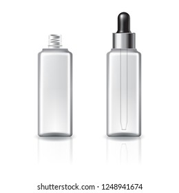 Clear square cosmeticbottle with dropper lid and silver ring for beauty or healthy product. Isolated on white background with reflection shadow. Ready to use for package design. Vector illustration.