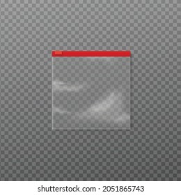 Clear Square Plastic Bag With Red Zipper Slider - Realistic Mockup Isolated On Transparent Background. Empty Little Storage Package Design Template, Vector Illustration.