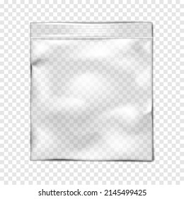 Clear square plastic bag with zip lock on transparent background, realistic vector mockup. Empty zipper PVC vinyl package, mock-up