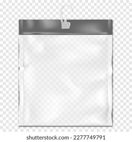 Clear square resealable PVC bag with zip lock and plastic hanging hook on transparent background realistic vector mock-up. Empty zipper vinyl package mockup. Template for design