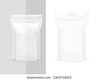 Clear stand up pouch bag isolated on white and transparent background. Vector illustration. Front view. Can be use for template your design, presentation, promo, ad. EPS10.