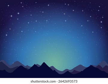 clear, starry night with bright, twinkling stars against a rich dark blue sky background, mountain silhouettes
