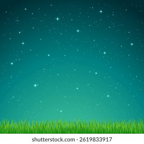 clear, starry night sky with bright, twinkling stars against a rich blue backdrop, a strip of vibrant green grass