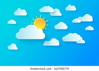 Clear summer sky with white fluffy clouds. Summer vector background with sun and clouds. Paper cut and digital crafts style. copy space for text.