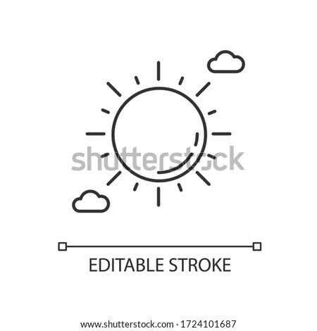 Clear sunny sky pixel perfect linear icon. Partly cloudy meteo forecast, summertime weather thin line customizable illustration. Contour symbol. Vector isolated outline drawing. Editable stroke