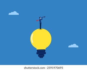 Clear thinking, Businessman looking far on bright light bulb