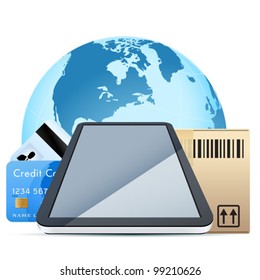 Clear Touch Pad Personal Computer with Cardboard Box and Bank Cards over Earth Globe isolated on white background