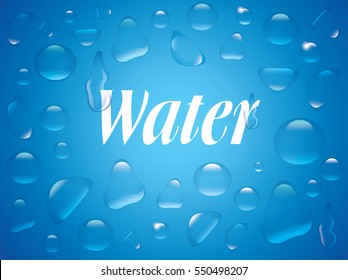 Clear transparent water drops isolated on the blue background. Label for Drink.