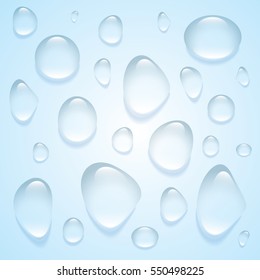 Gotas de agua transparentes aisladas en el fondo azul. Conjunto vector realista.