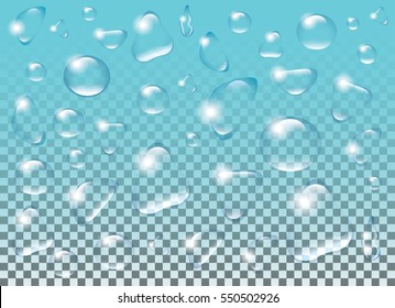 Unas gotas de agua transparentes aisladas en un fondo azul. Conjunto de vectores realistas.