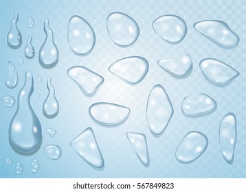Clear transparent water drops isolated on the blue background. Realistic vector set.