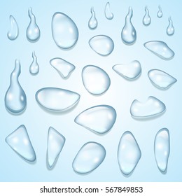 Clear transparent water drops isolated on the blue background. Realistic vector set.