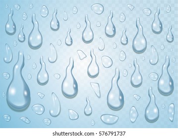 Clear transparent water drops isolated on the blue background. Realistic vector set.