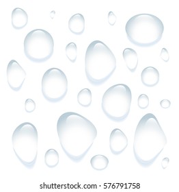 Clear transparent water drops isolated on the white background. Realistic vector set.