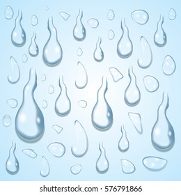 Clear transparent water drops isolated on the blue background. Realistic vector set.
