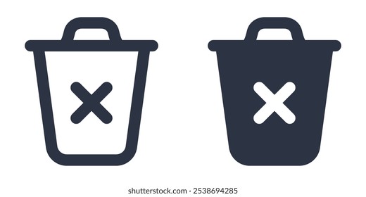 Clear Trash Bin, Empty Trash or Trash Bin with Cross simple icons set designed in filled, outline, line and stroke style