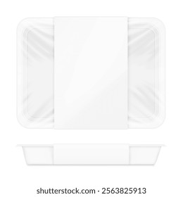 Clear tray container with label mockup. Vector illustration isolated on white background. Layered template file easy to use for your promo product: meat of animals, chicken, fish. EPS10.