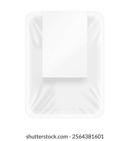 Clear tray container with label mockup. Vector illustration isolated on white background. Layered template file easy to use for your promo product: meat of animals, chicken, fish. EPS10.