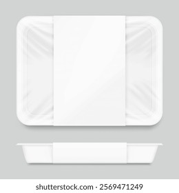 Clear tray container with label mockup. Vector illustration isolated on grey background. Layered template file easy to use for your promo product: meat of animals, chicken, fish. EPS10.