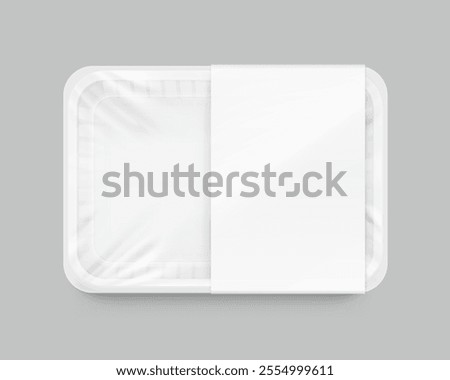 Clear tray container with label mockup. Vector illustration isolated on grey background. Layered template file easy to use for your promo product: meat of animals, chicken, fish. EPS10.