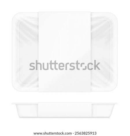 Clear tray container with label mockup. Vector illustration isolated on white background. Layered template file easy to use for your promo product: meat of animals, chicken, fish. EPS10.