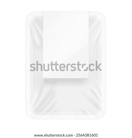 Clear tray container with label mockup. Vector illustration isolated on white background. Layered template file easy to use for your promo product: meat of animals, chicken, fish. EPS10.