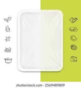 Clear tray container mockup with set icons. Vector illustration isolated on white and colour background. Layered template file easy to use for your promo product: meat of animals, chicken. EPS10.	