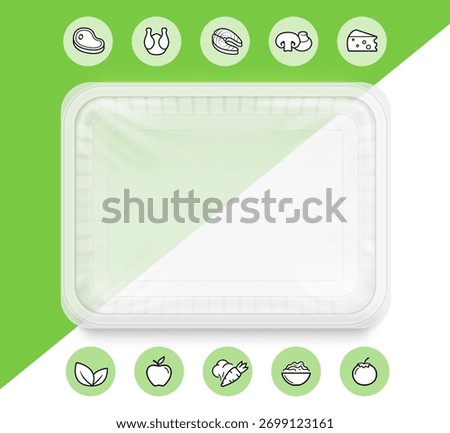 Clear tray container mockup with set icons. Vector illustration on colour background. Layered template file easy to use for your promo product: meat of animals, chicken, fish and other food. EPS10.
