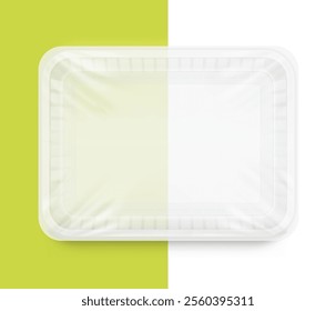 Clear tray container mockup. Vector illustration isolated on white and colour background. Layered template file easy to use for your promo product: meat of animals, chicken, fish. EPS10.