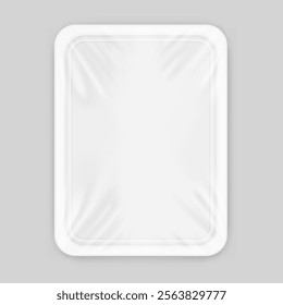 Clear tray container mockup. Vector illustration isolated on grey background. Layered template file easy to use for your promo product: meat of animals, chicken, fish. EPS10.	