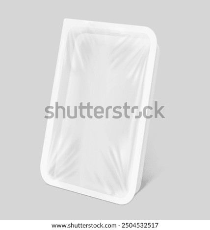 Clear tray container mockup. Vector illustration isolated on grey background. Layered template file easy to use for your promo product: meat of animals, chicken, fish. EPS10.