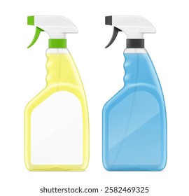 Clear trigger sprayer bottle with cleaning product mockups. Vector illustration isolated on white background. Perfect for easy customisation and editing your design for household, cleaning. EPS10.