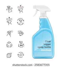 Clear trigger sprayer bottle mockup with set icons. Vector illustration isolated on white background. Perfect for easy customisation and editing your design for household, cleaning, gardening. EPS10.
