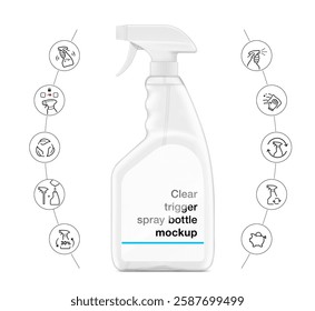 Clear trigger sprayer bottle mockup with set icons. Vector illustration isolated on white background. Perfect for easy customisation and editing your design for household, cleaning, gardening. EPS10.