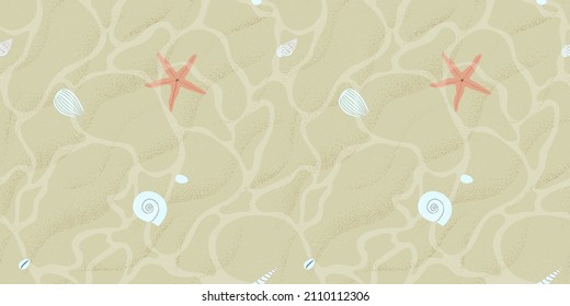 Clear tropical beach water seamless pattern. Summer ocean floor with exotic sea shell and star fish. Island vacation background design. Realistic transparent coast bottom flat cartoon backdrop.