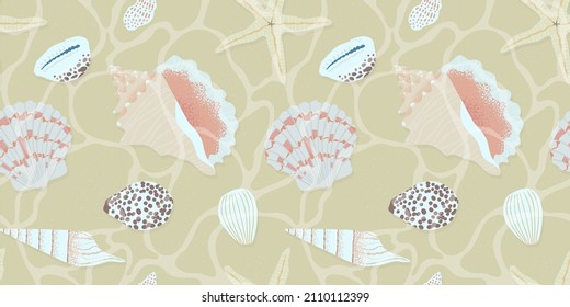 Clear Tropical Beach Water Seamless Pattern. Summer Ocean Floor With Exotic Sea Shell And Star Fish. Island Vacation Background Design. Realistic Transparent Coast Bottom Flat Cartoon Backdrop.