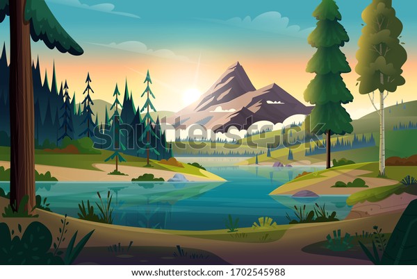 Clear turquoise mountain lake view. Rocky mountains on the river bank. Dawn or sunset in the mountains above the lake