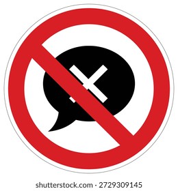 A clear universal sign prohibiting talking or communication, perfect for libraries, study rooms, or areas where silence is mandatory.