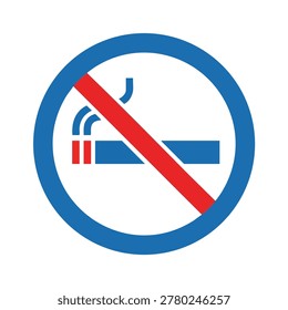 A clear and universally recognized no smoking sign, featuring a lit cigarette with smoke crossed out by a red diagonal line within a blue circle, indicating a smoke-free zone.