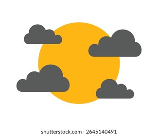 A clear vector EPS icon depicting a yellow sun surrounded by four gray clouds, perfect for representing overcast weather or a cloudy forecast.