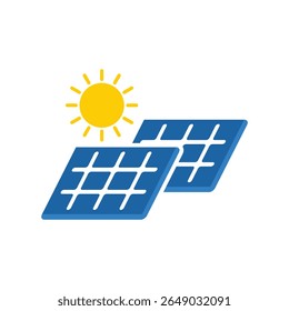 A clear vector EPS icon depicting blue solar panels under a yellow sun, representing renewable energy, green power, and sustainable electricity generation.