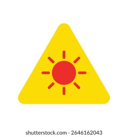 A clear vector EPS icon featuring a red sun inside a yellow triangle, signifying UV radiation danger and sun exposure warnings for safety applications.
