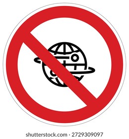 Un Vector gráfico claro de un signo de prohibición con un ícono de globo con símbolos de red en órbita, que denota Internet restringido o conectividad global. Adecuado para la seguridad de la red o las políticas de uso digital.